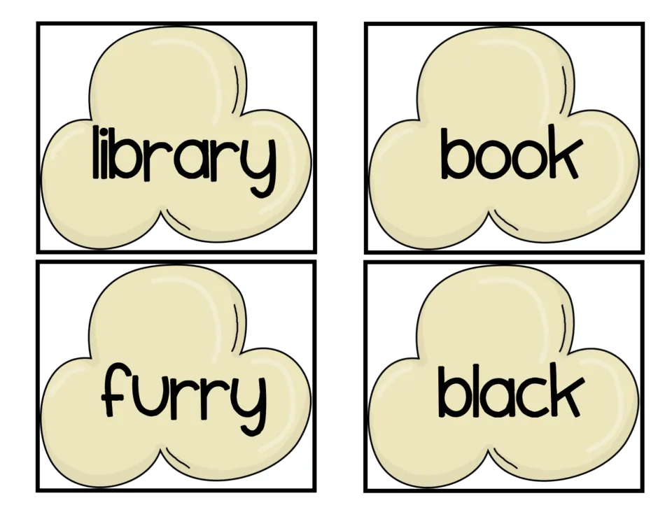 Popcorn word cards 5–8 of the parts-of-speech set: nouns library and book, plus adjectives furry and black
