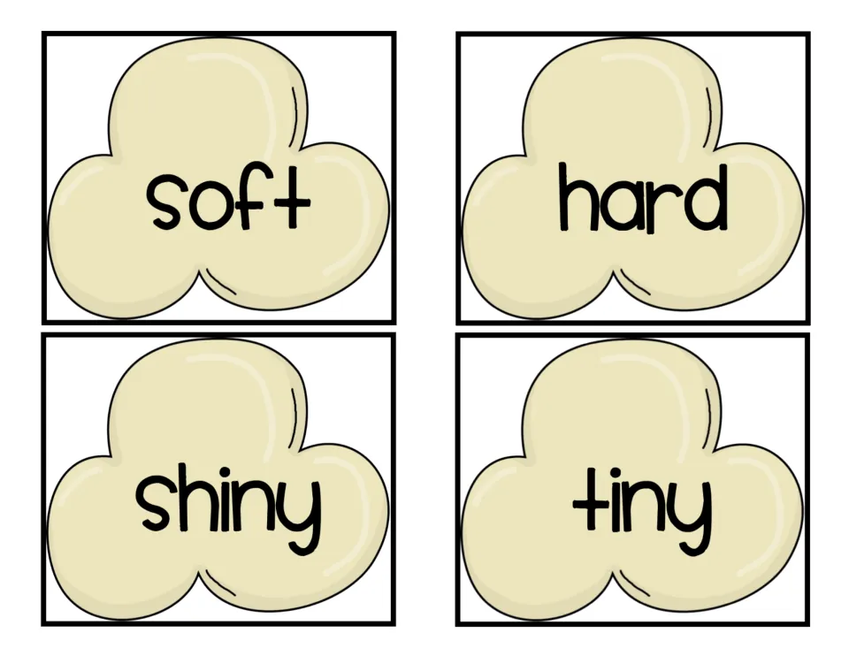 Popcorn word cards 9–12 of the 16-card parts-of-speech set, featuring the adjectives soft, hard, shiny, and tiny
