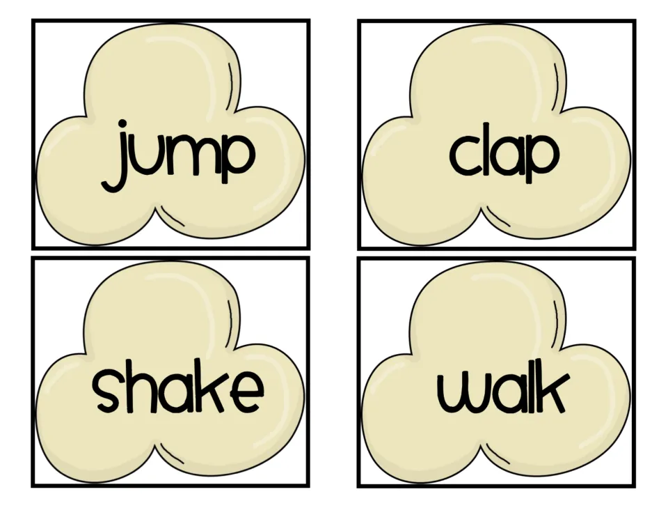 Popcorn word cards 13–16 of the 16-card parts-of-speech set, featuring the verbs jump, clap, shake, and walk