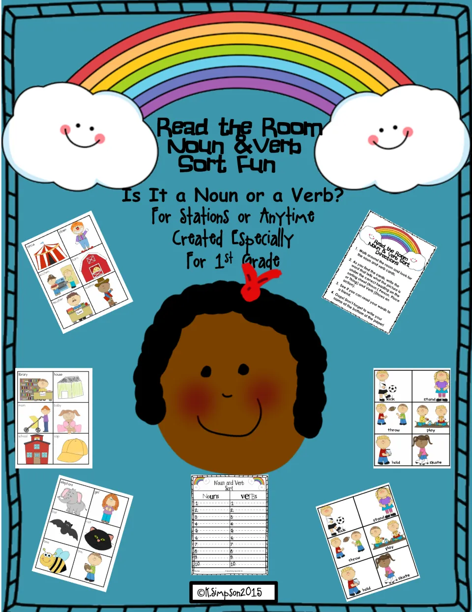 Read the Room Noun & Verb Sort Fun cover: picture word cards, a directions page and a Nouns/Verbs recording sheet