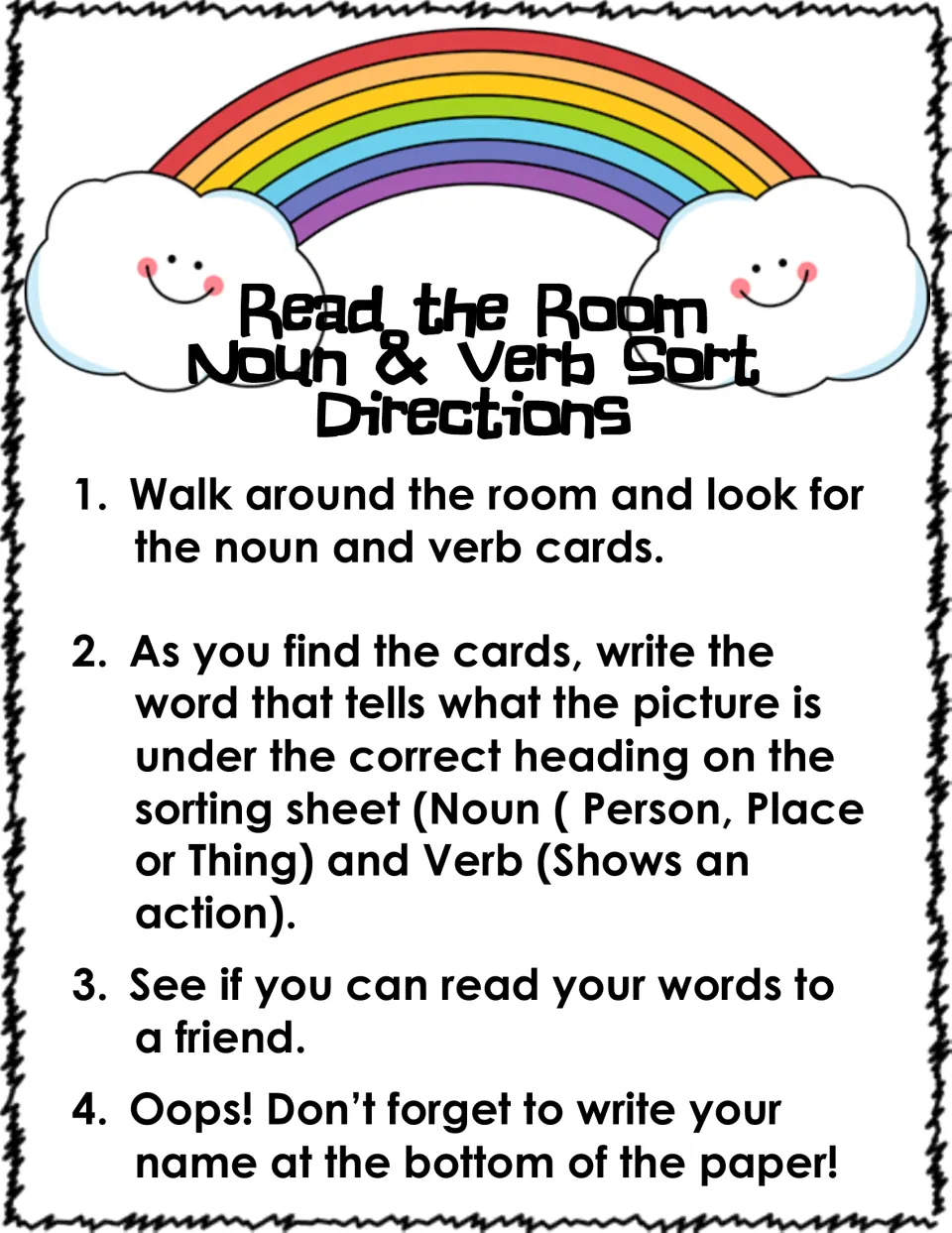 Read the Room directions: find noun and verb cards, write each word under Noun or Verb, then read the words to a friend