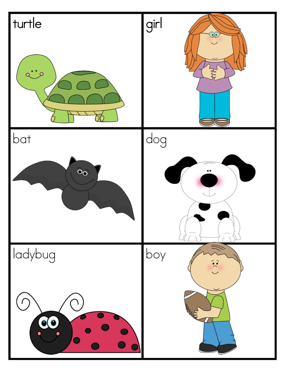 Noun picture cards for sorting animals and people: turtle, girl, bat, dog, ladybug and boy, each labeled with its word