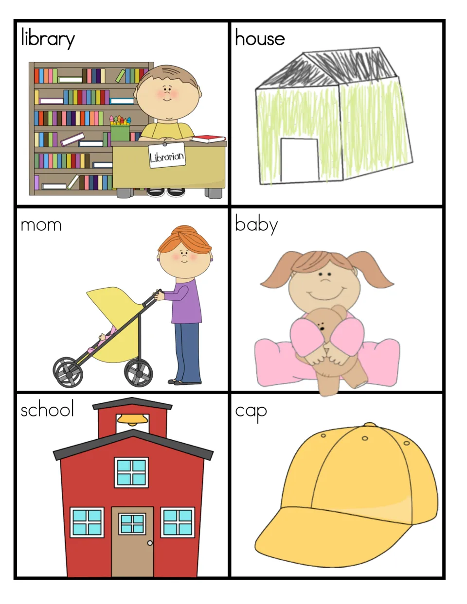Noun picture cards naming places, people and things: library, house, mom, baby, school and cap with matching pictures