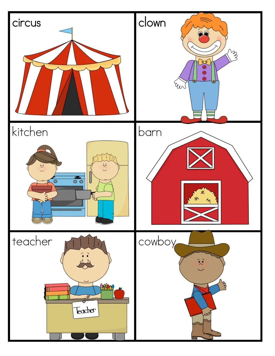 Noun picture cards for the sort: circus tent, clown, kitchen, red barn, teacher at a desk and cowboy, each with its word