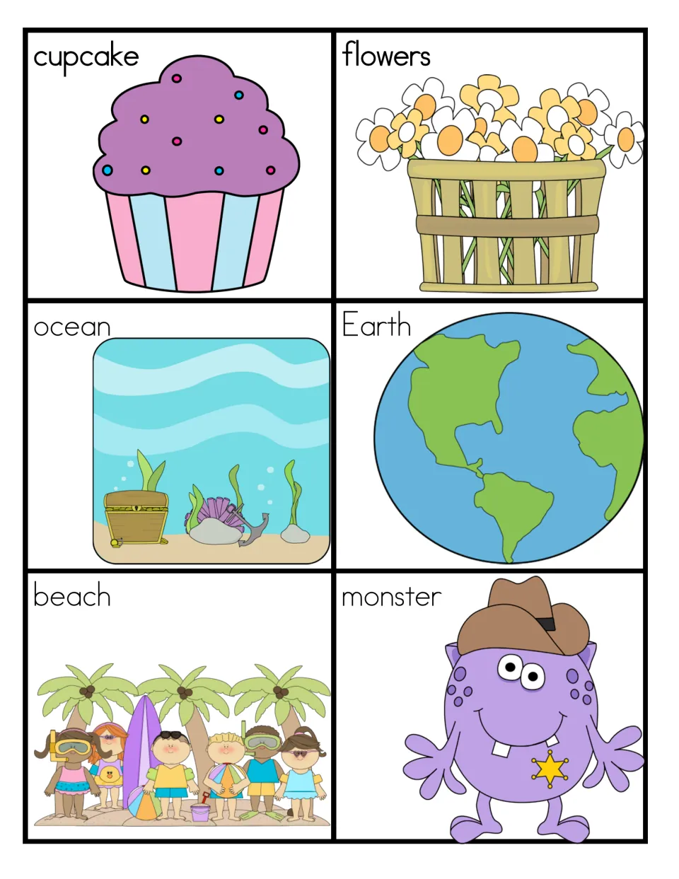 Noun picture cards showing things and places: cupcake, flowers, ocean, Earth, beach and a monster, labeled for sorting