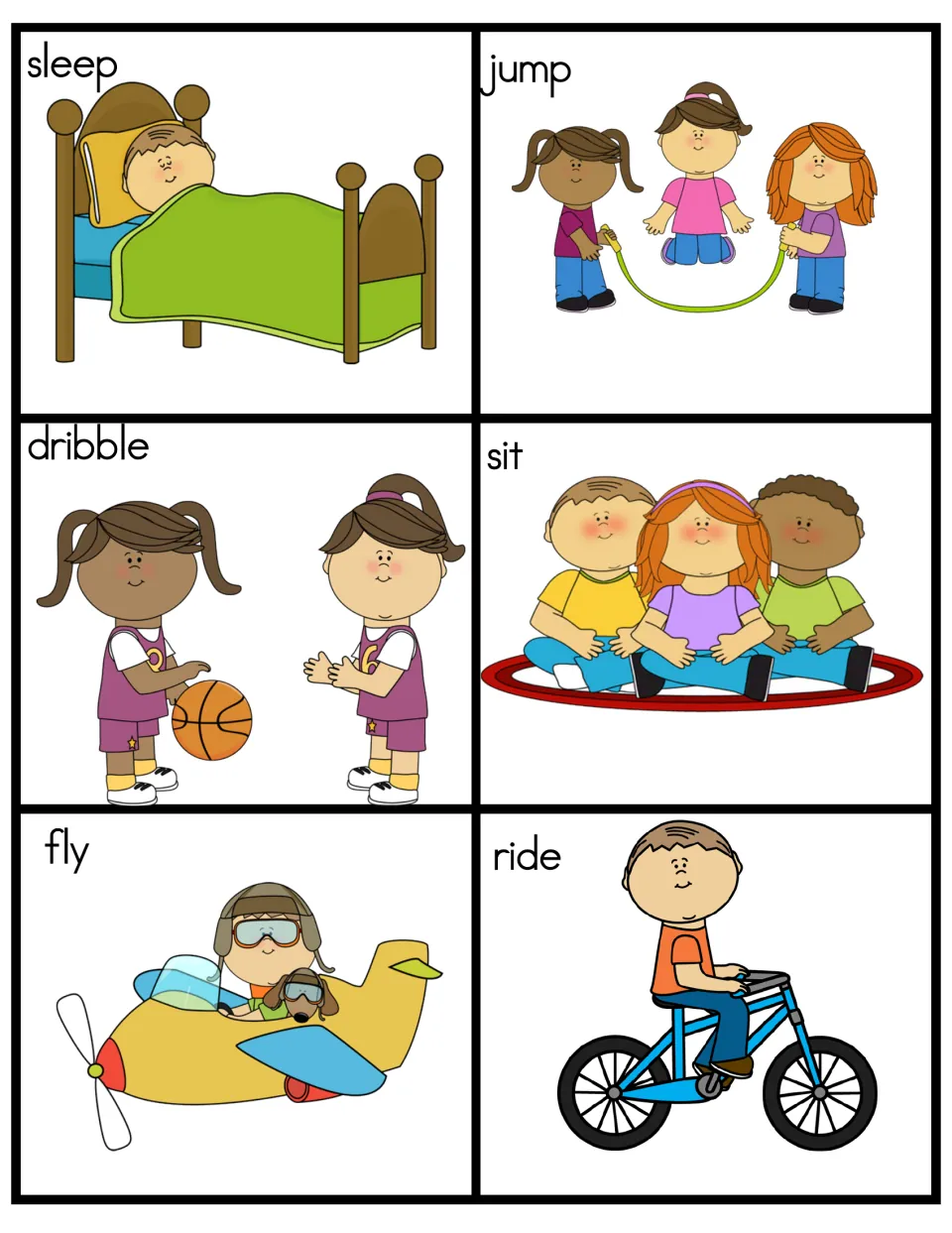 Verb picture cards of children in action: sleep, jump rope, dribble, sit, fly a plane and ride a bike, each labeled