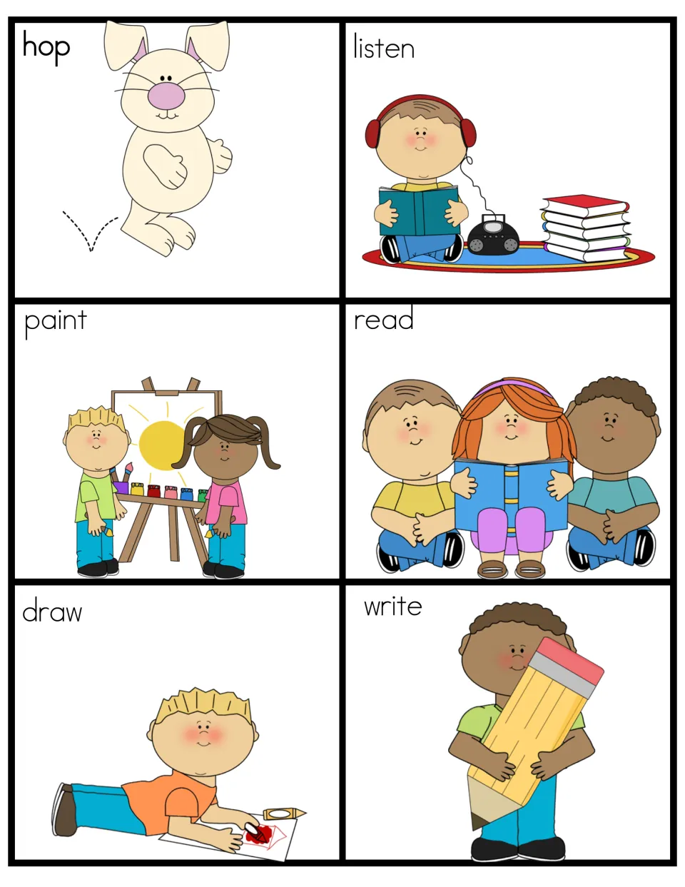 Verb picture cards for sorting actions: hop, listen, paint, read, draw and write, each showing a child or bunny doing it