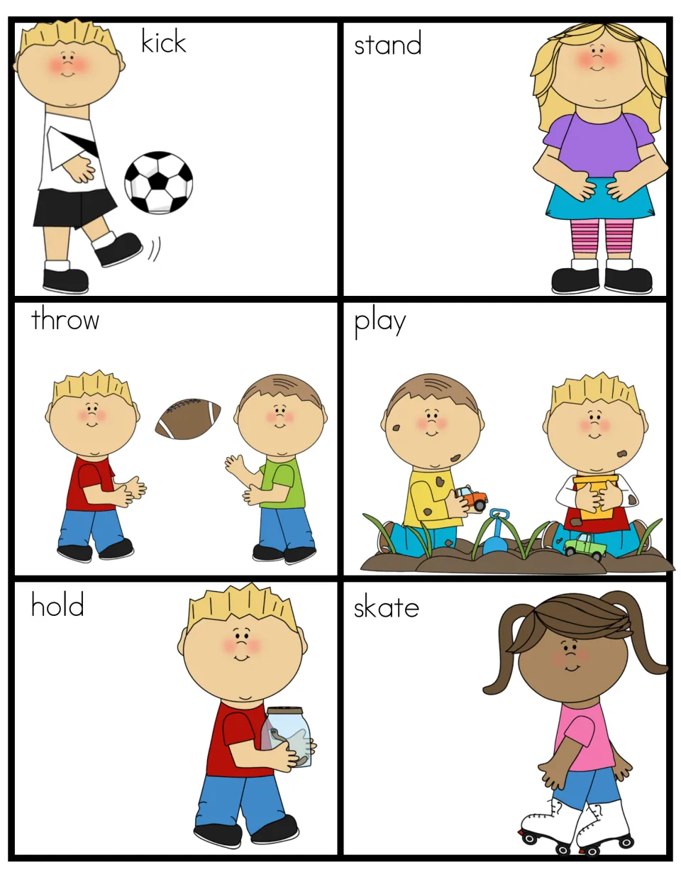Verb picture cards of play actions: kick, stand, throw, play, hold and skate, each showing a child doing the named action