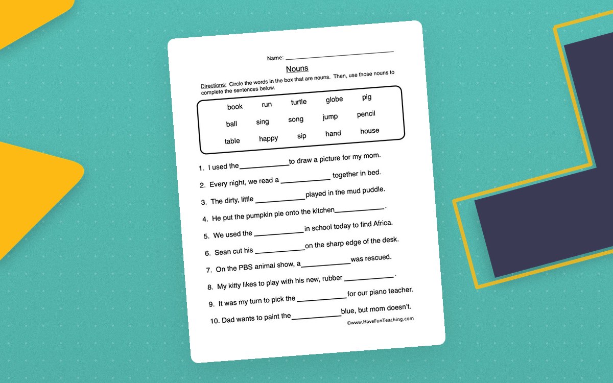 Noun Fill in the Blanks Worksheet preview: Mixed word box containing several parts of speech