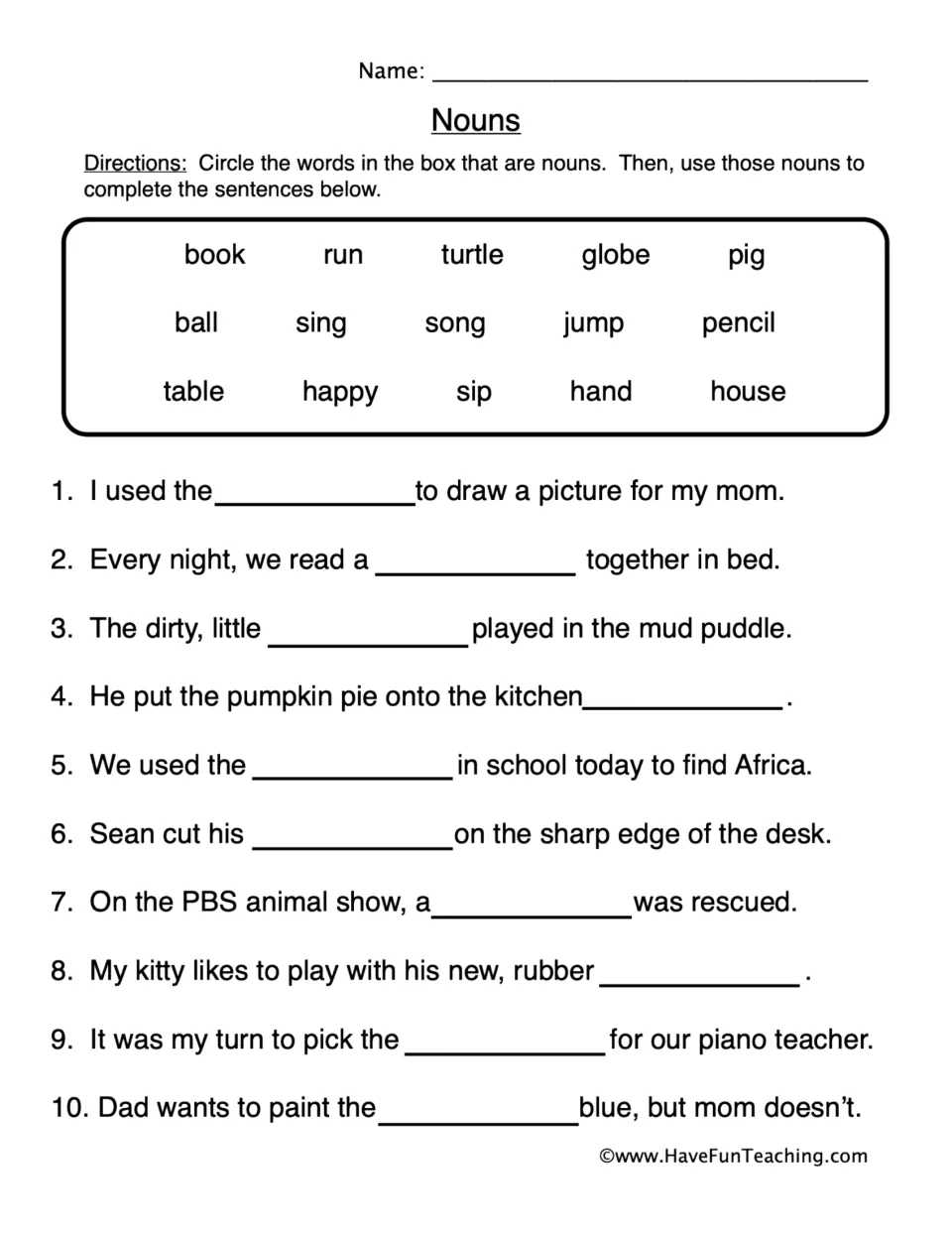 Identifying nouns: students circle the nouns in a 15-word bank, then use them to complete 10 fill-in-the-blank sentences