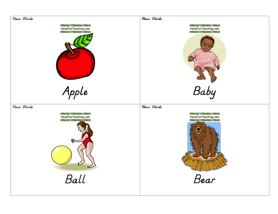 Noun word cards for apple, baby, ball and bear, each pairing a picture with its printed word for naming common nouns