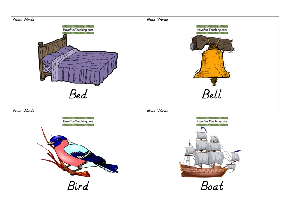 Noun words bed, bell, bird and boat: four picture cards with the printed word so students match each image to its noun