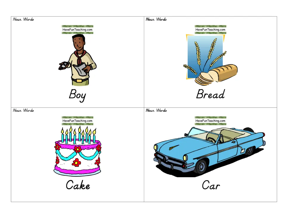 Picture cards for the nouns boy, bread, cake and car, each labeled with the word beneath a clip-art drawing to read