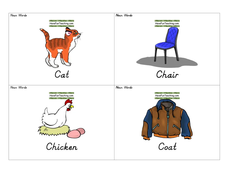 Nouns cat, chair, chicken and coat shown as illustrated cards with each word printed below for picture-word reading