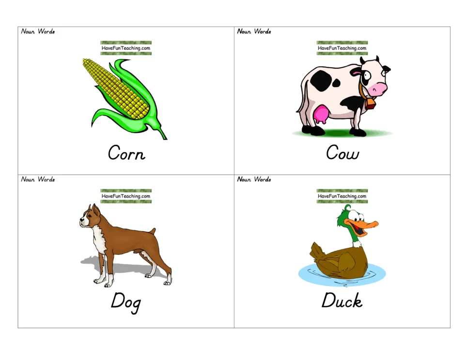 Nouns corn, cow, dog and duck on picture cards; students read each word and name the pictured animal or food