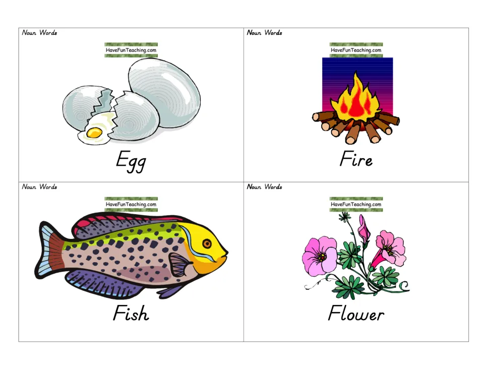 Nouns egg, fire, fish and flower on illustrated cards, each word printed under its picture for vocabulary recognition