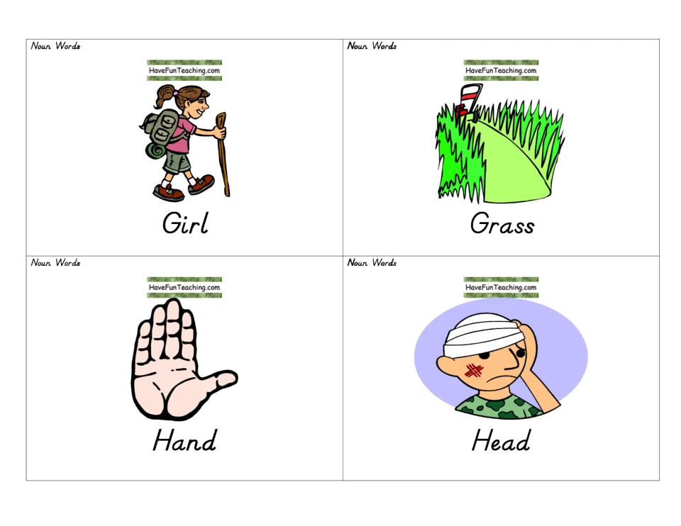 Person and body-part nouns girl, hand and head plus grass on picture cards with each word written below the image
