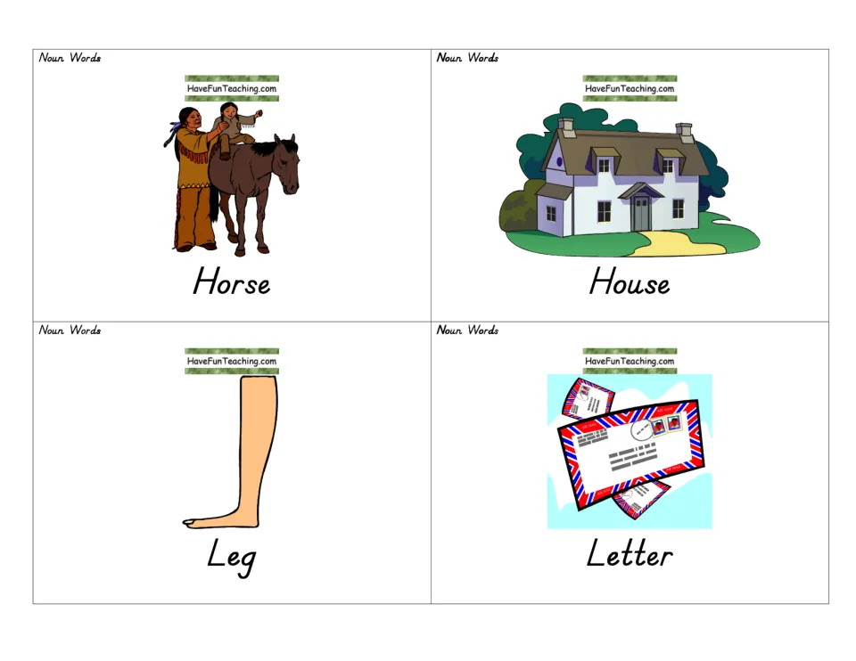 Nouns horse, house, leg and letter shown as picture-word cards that students read aloud to practise naming nouns