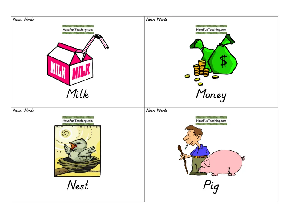 Picture cards for milk, money, nest and pig, each noun printed beneath its drawing for word-to-picture matching