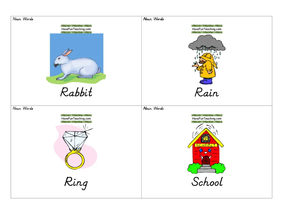 Noun cards for rabbit, rain, ring and school, pairing each illustration with its printed word for noun recognition