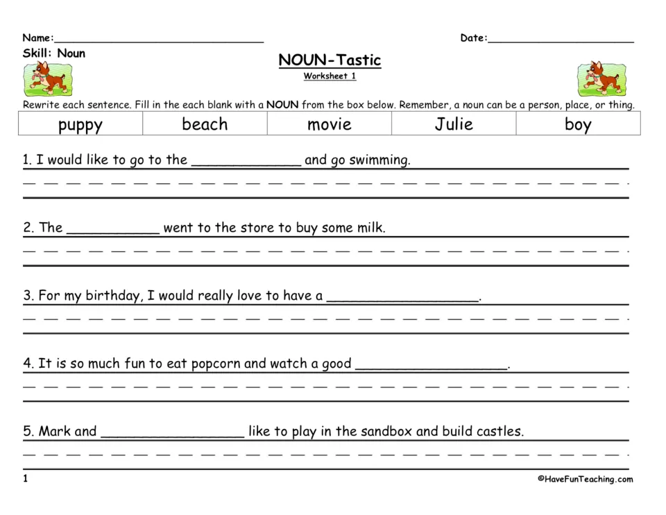 NOUN-Tastic Worksheet 1: students rewrite 5 sentences, filling each blank with puppy, beach, movie, Julie or boy