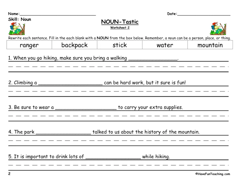 NOUN-Tastic Worksheet 2 on hiking: students rewrite 5 sentences using ranger, backpack, stick, water or mountain