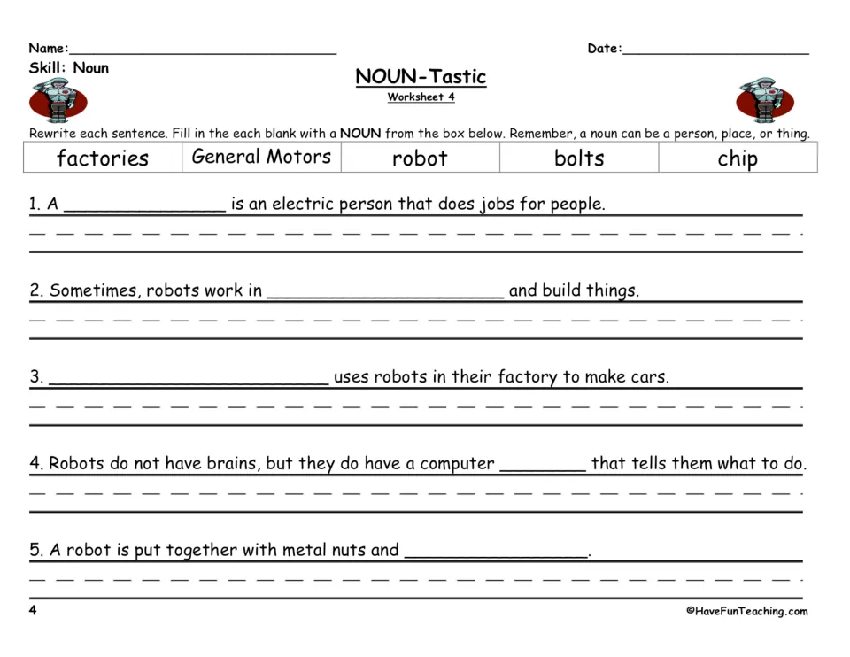 NOUN-Tastic Worksheet 4 on robots: students complete 5 sentences with factories, General Motors, robot, bolts or chip