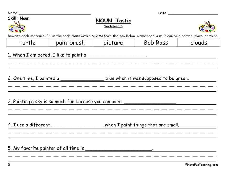 NOUN-Tastic Worksheet 5 on painting: students rewrite 5 sentences using turtle, paintbrush, picture, Bob Ross or clouds