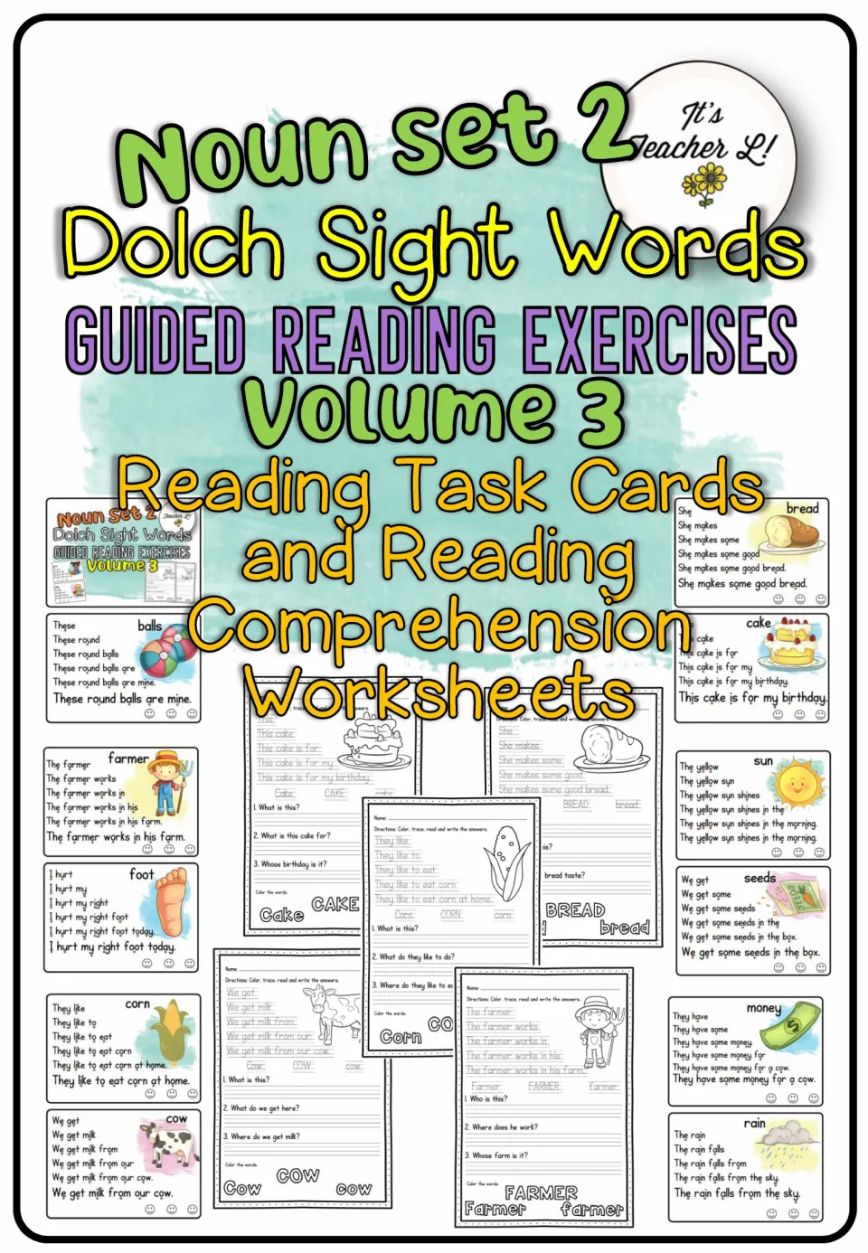 Noun Set 2 Dolch Sight Words Volume 3 cover: reading task cards for nouns like bread, corn and cow, plus worksheets