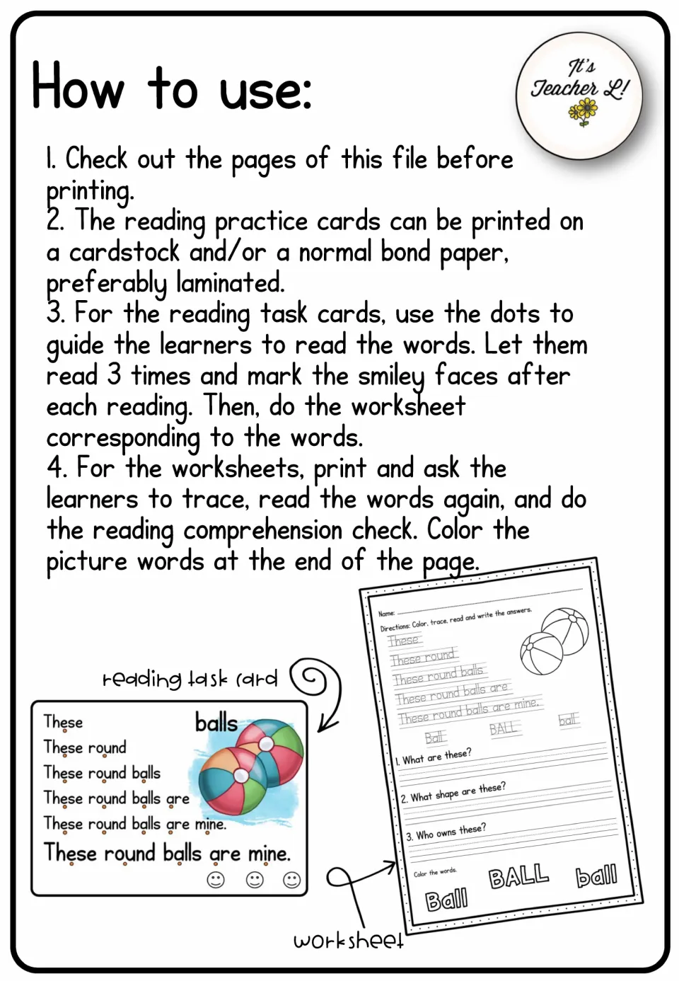 How to use: read each task card 3 times, mark a smiley each time, then trace, answer and color on the worksheet