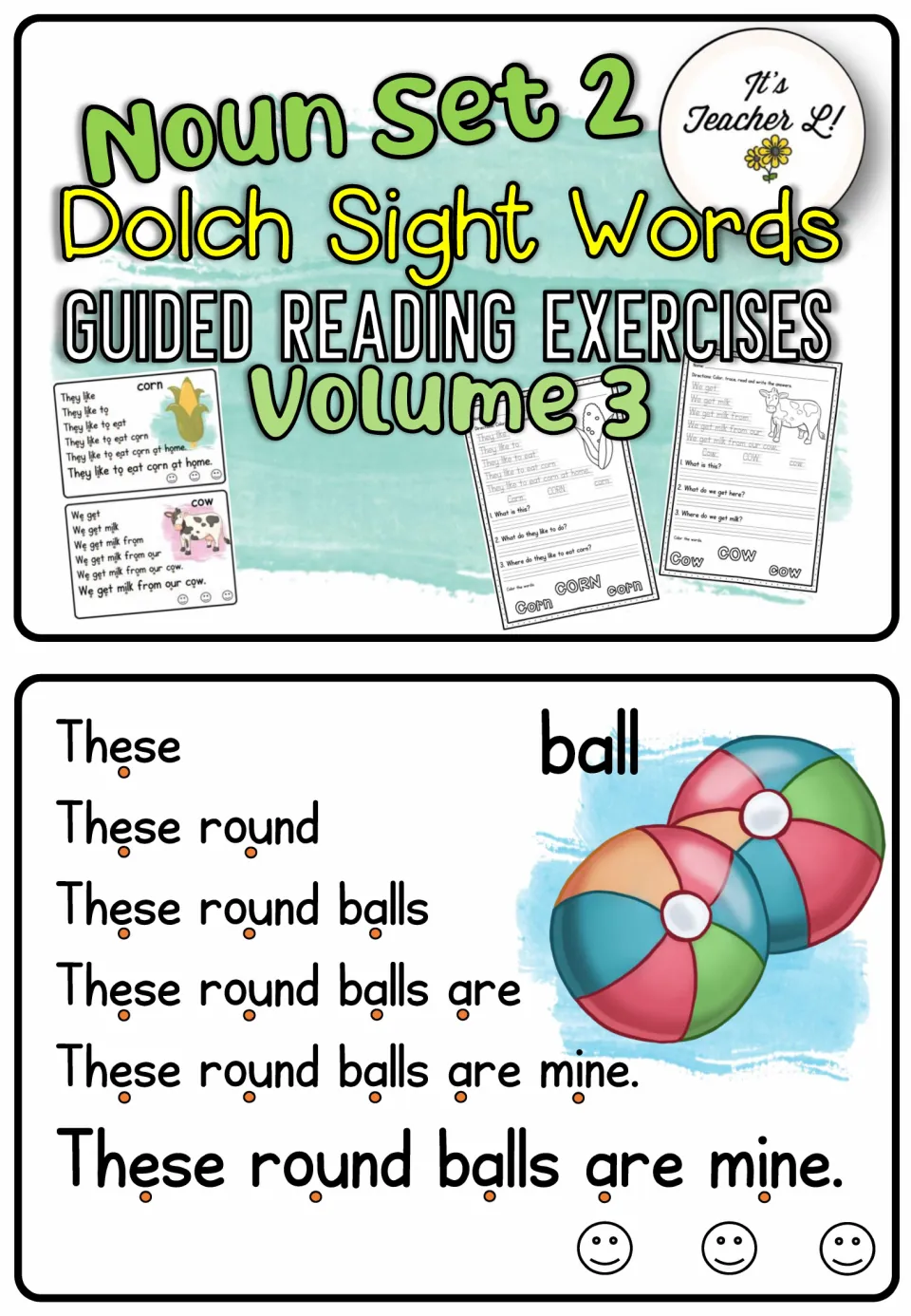 Task card title card, then a ball card: students build up to 'These round balls are mine.' one word at a time