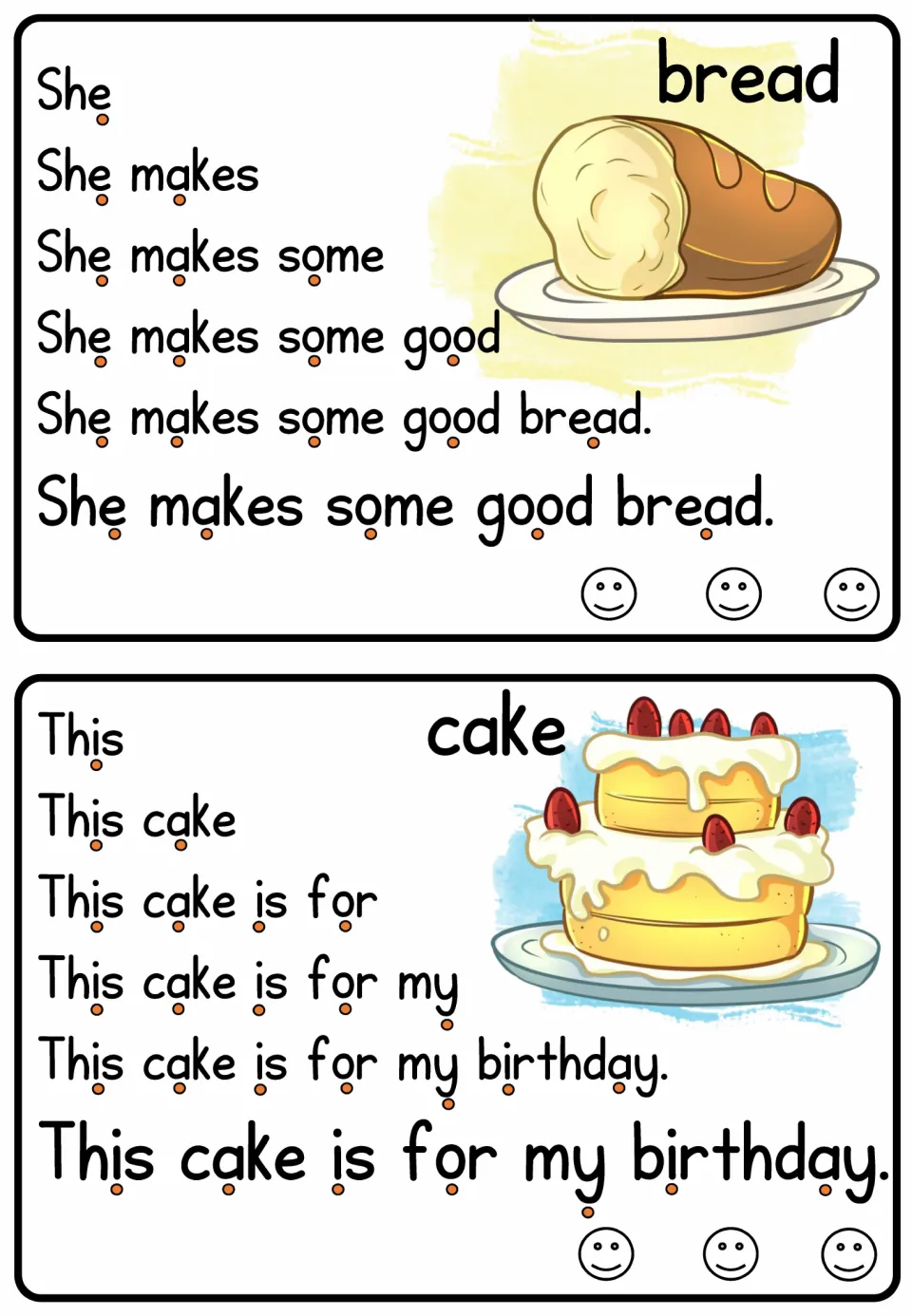 Bread and cake cards: students read growing sentences 'She makes some good bread.' and 'This cake is for my birthday.'