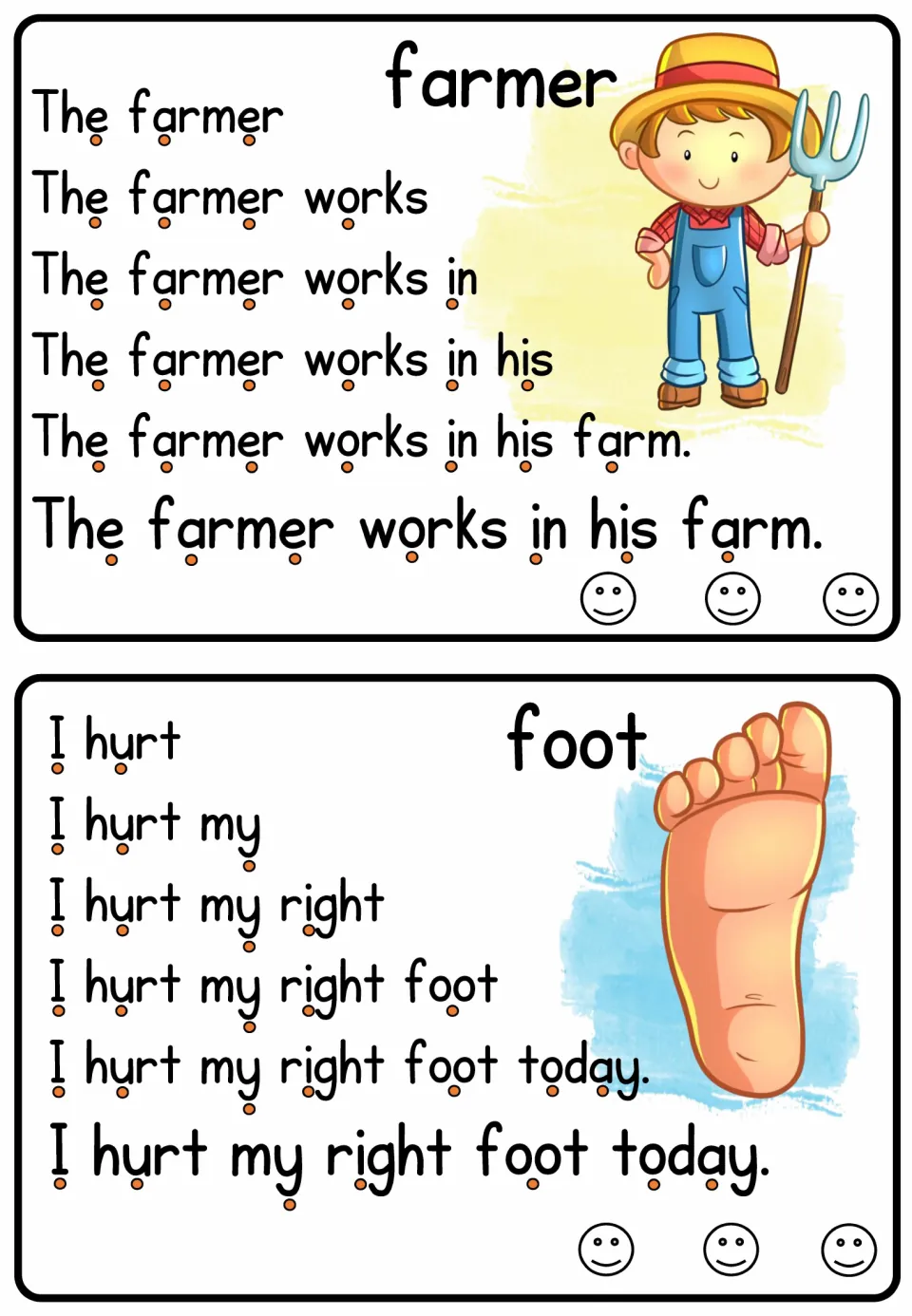 Farmer and foot cards: students build up to 'The farmer works in his farm.' and 'I hurt my right foot today.'