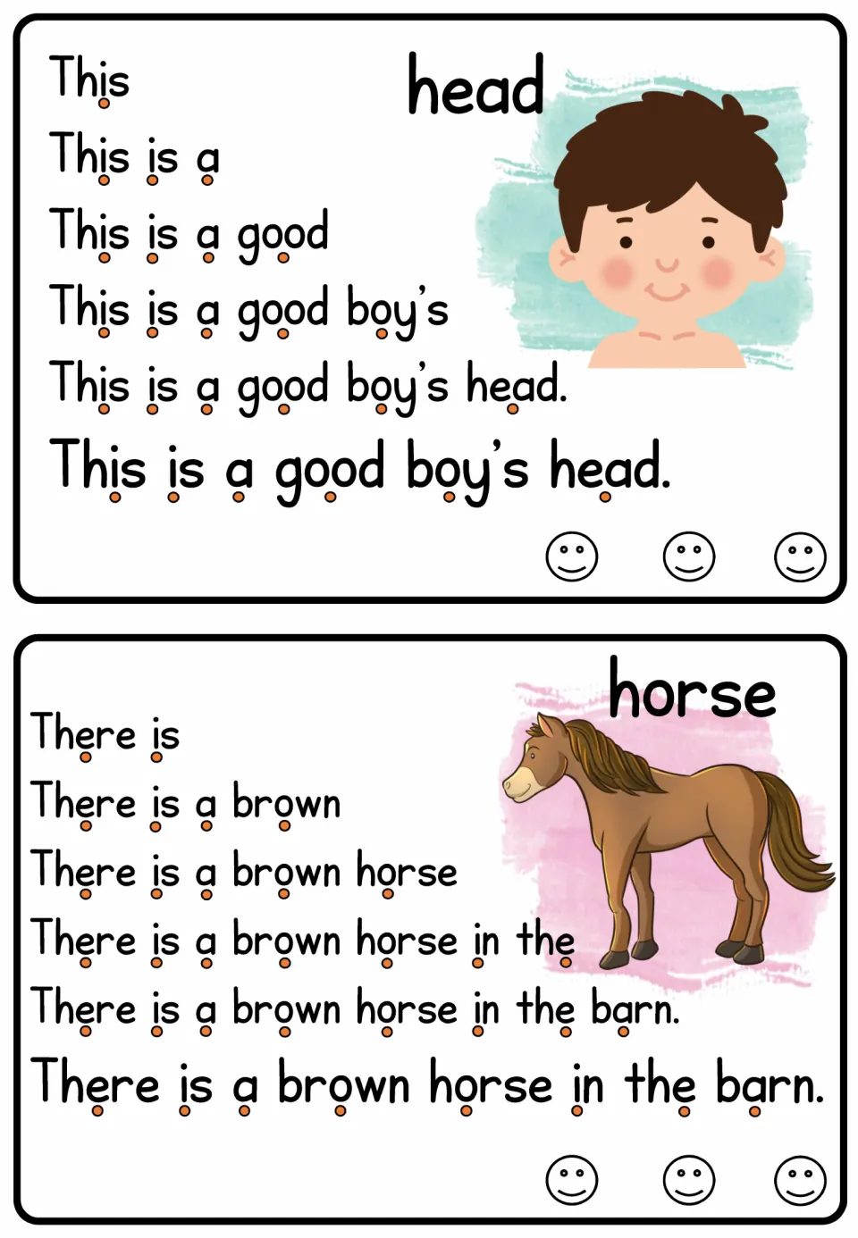 Head and horse cards: students read 'This is a good boy's head.' and 'There is a brown horse in the barn.' line by line