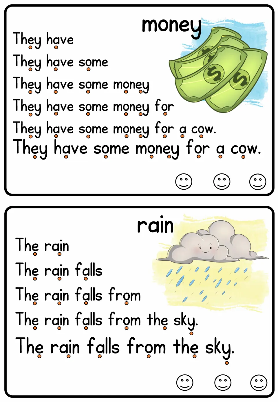 Money and rain cards: students read 'They have some money for a cow.' and 'The rain falls from the sky.' step by step