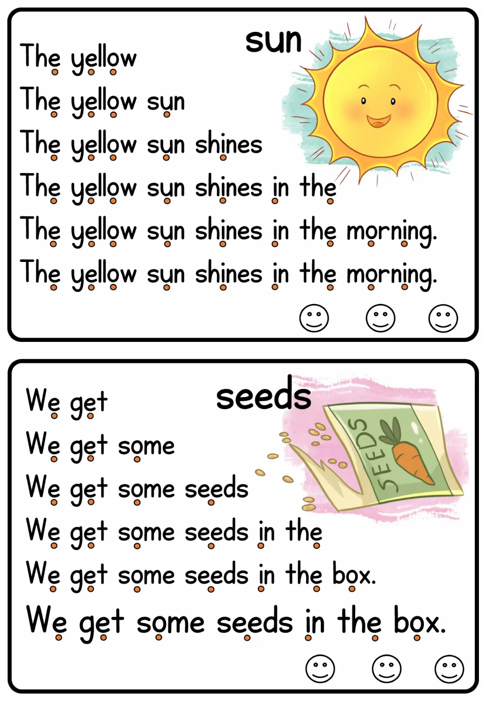 Sun and seeds cards: students read 'The yellow sun shines in the morning.' and 'We get some seeds in the box.'