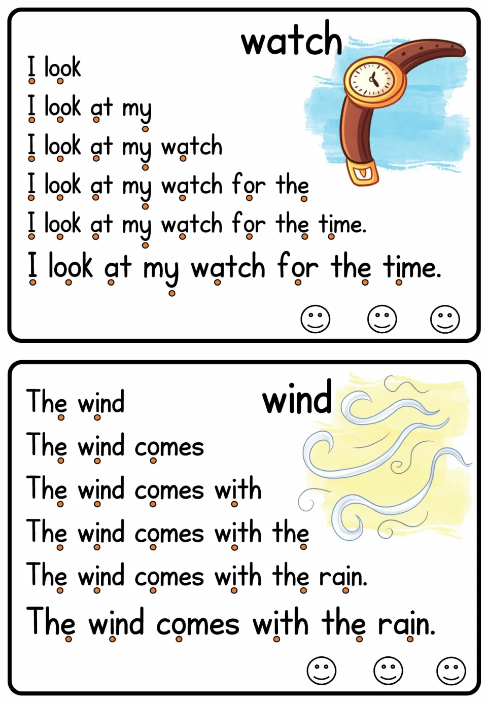 Watch and wind cards: students read 'I look at my watch for the time.' and 'The wind comes with the rain.'