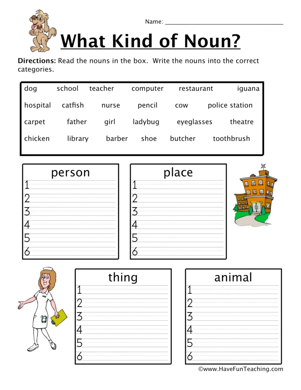 What Kind of Noun? sorting: students write 24 word-bank nouns under person, place, thing or animal, six in each