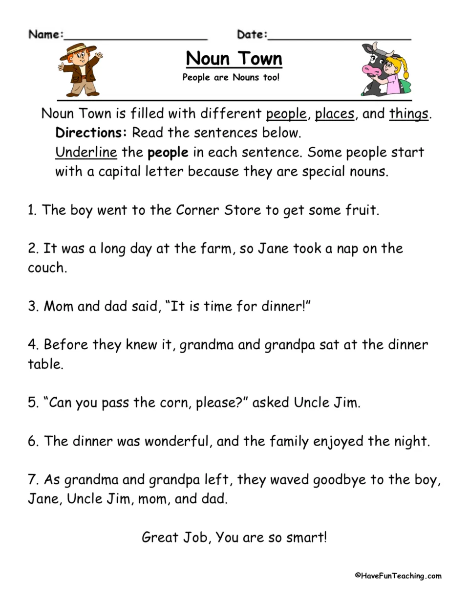 People noun practice: seven items ask students to underline words such as boy, Jane, Mom, and Uncle Jim.