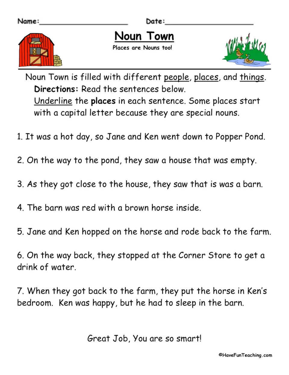 Place noun practice: seven items ask students to underline places such as Popper Pond, barn, and farm.