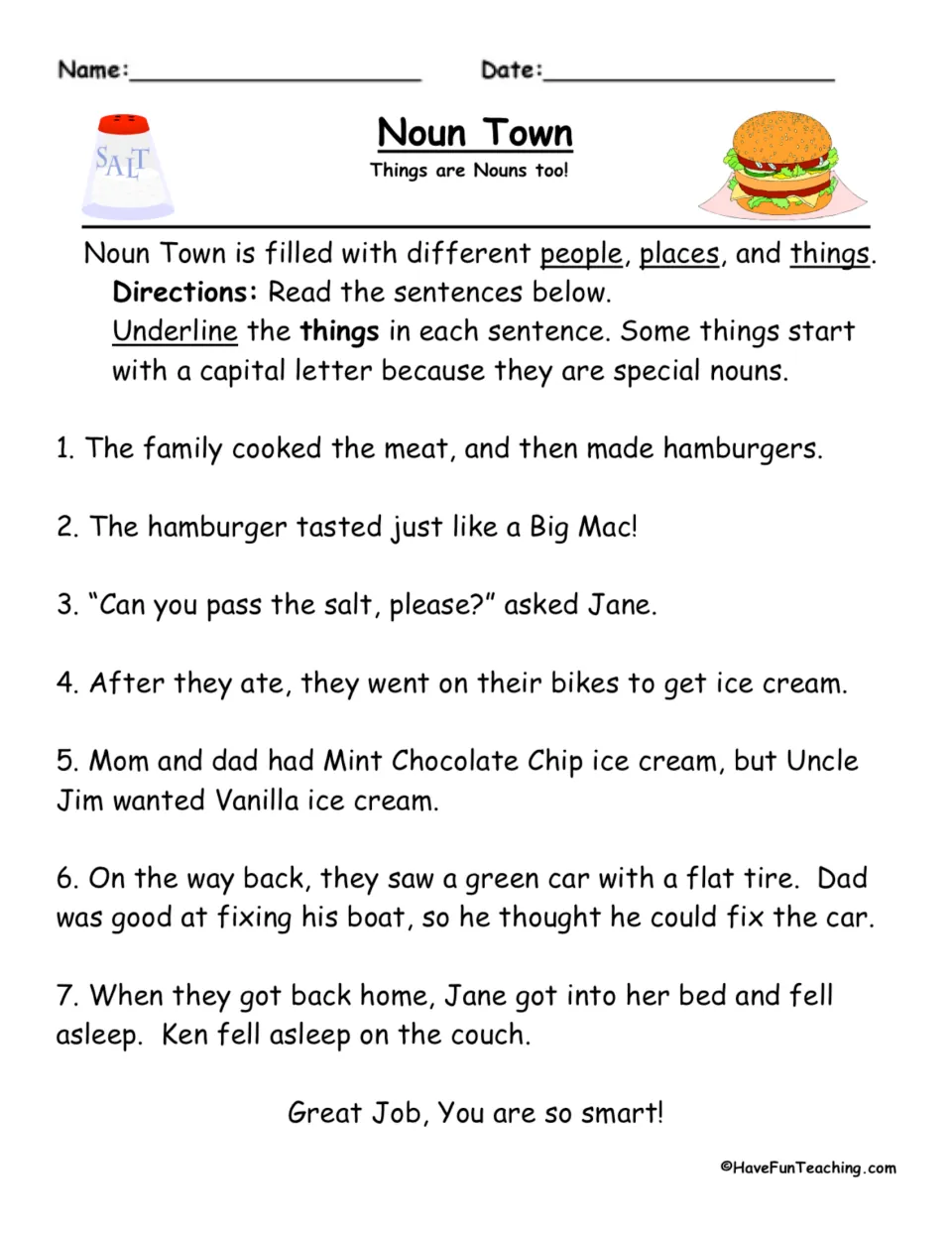 Thing noun practice: seven items ask students to underline things such as meat, hamburgers, and bikes.
