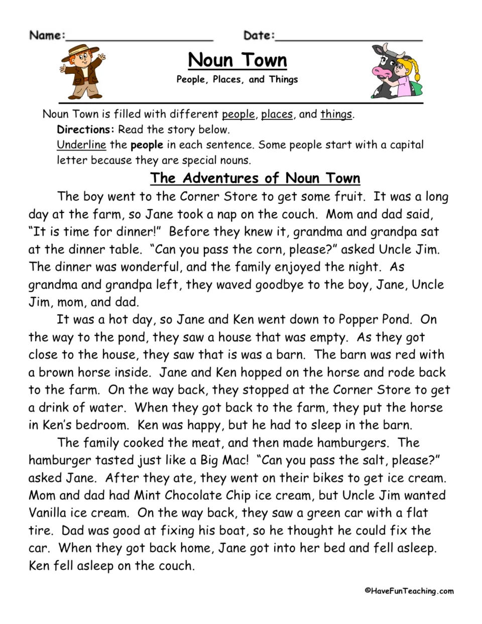 Story practice for people nouns: underline names and people words as a family eats and Jane and Ken visit a pond.