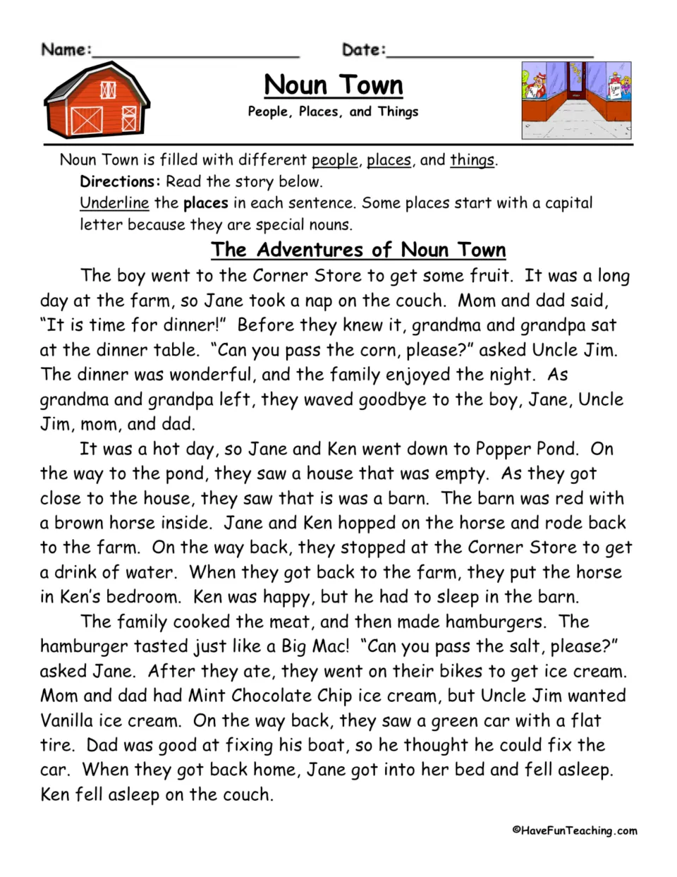 Story practice for place nouns: underline locations including the Corner Store, farm, Popper Pond, and barn.