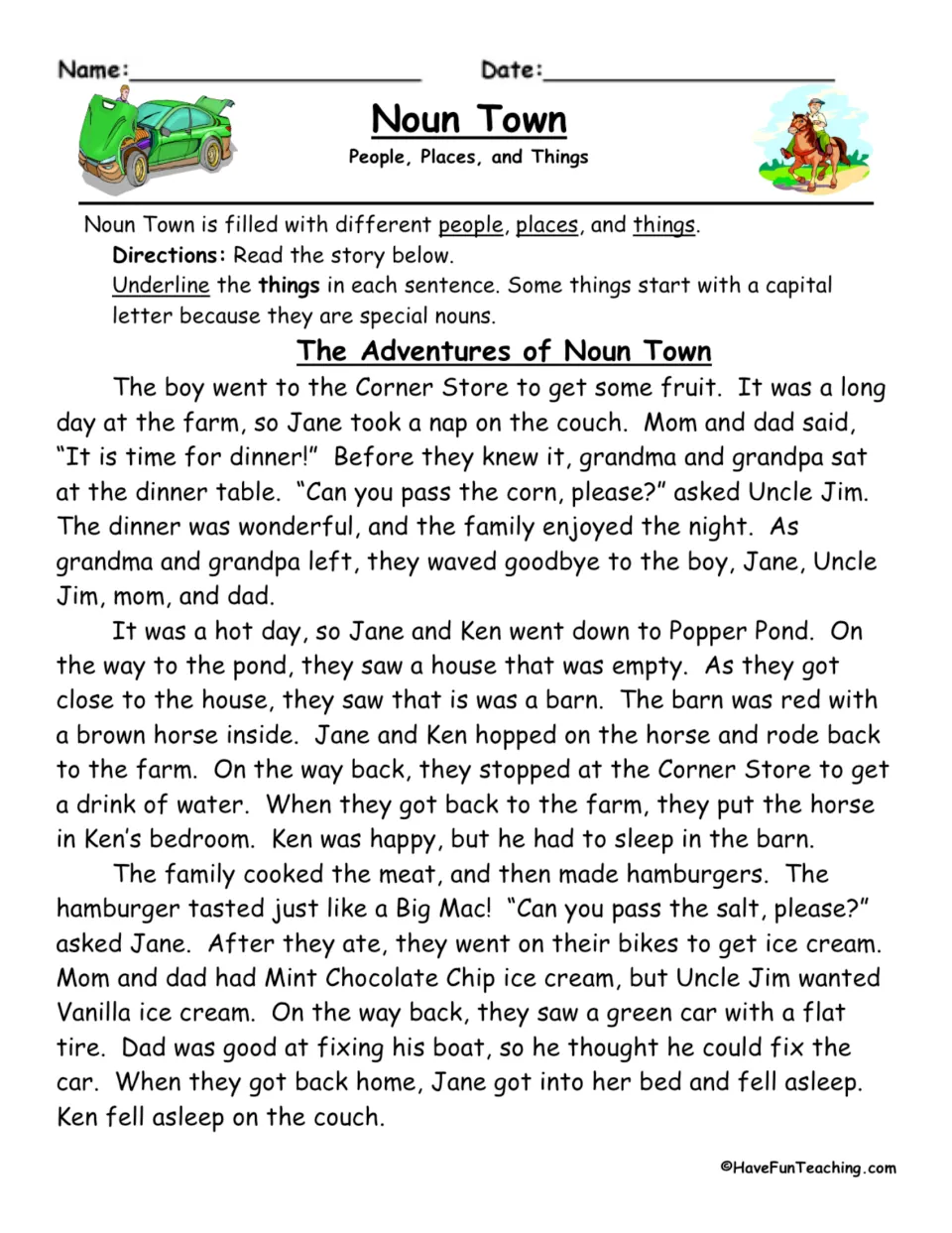 Story practice for thing nouns: underline objects and foods including fruit, corn, bikes, ice cream, and a car.