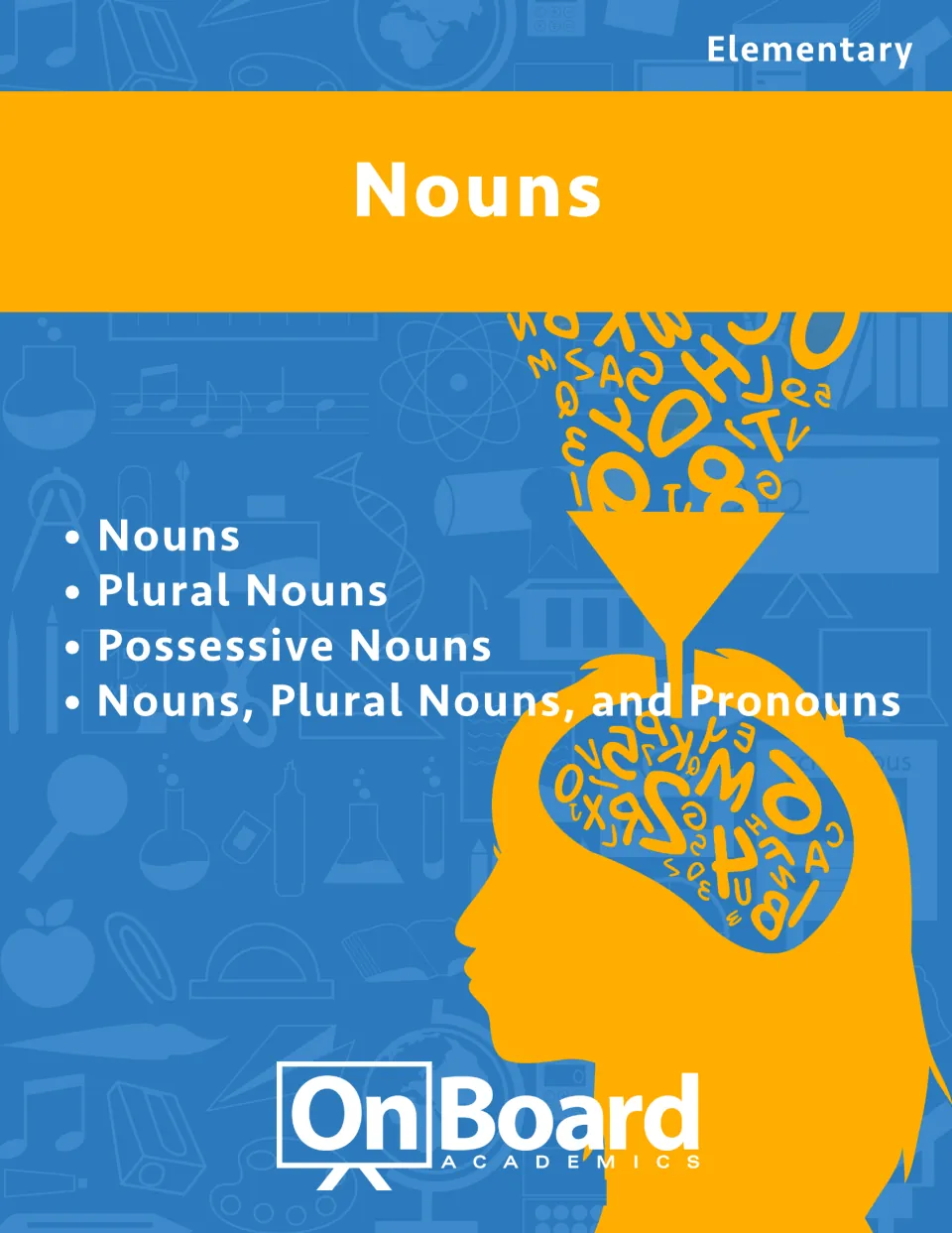 Workbook cover lists nouns, plural nouns, possessive nouns, and a combined topic including pronouns.