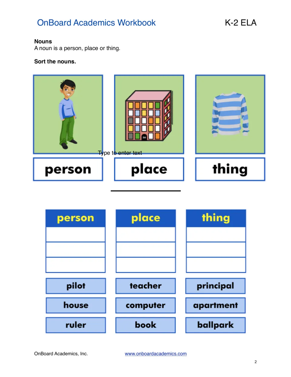 Noun sorting practice defines a noun and asks students to sort nine words, including pilot, house, and ruler.
