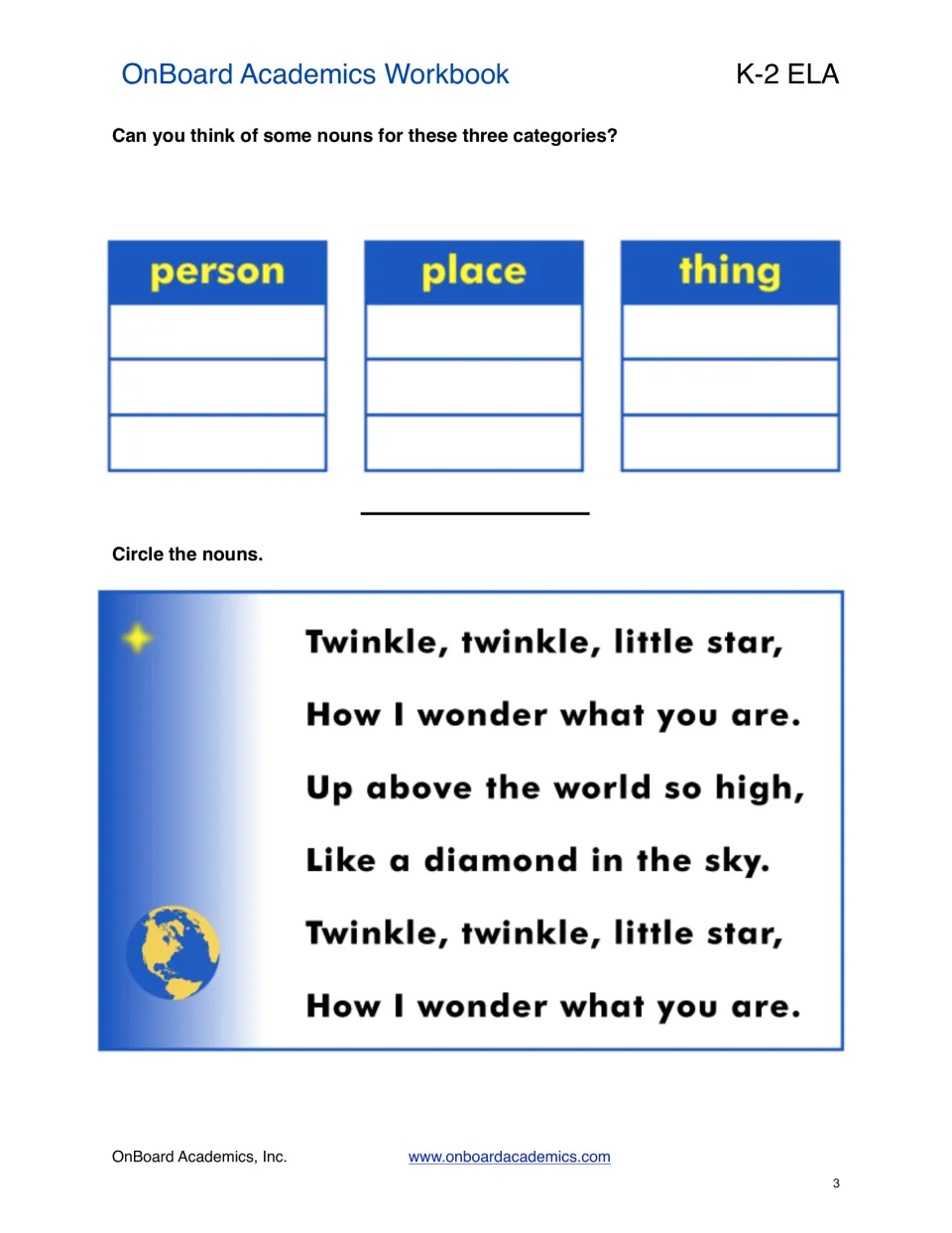Noun practice asks students to name people, places, and things and circle nouns in Twinkle, Twinkle, Little Star.
