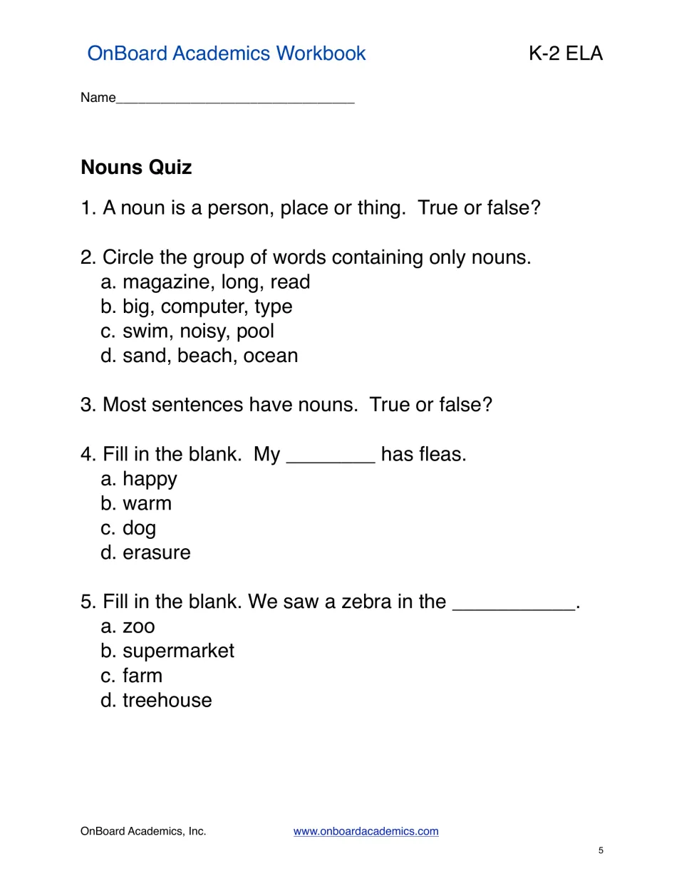 Five-question nouns quiz checks the definition, noun identification, and missing nouns in two sentences.