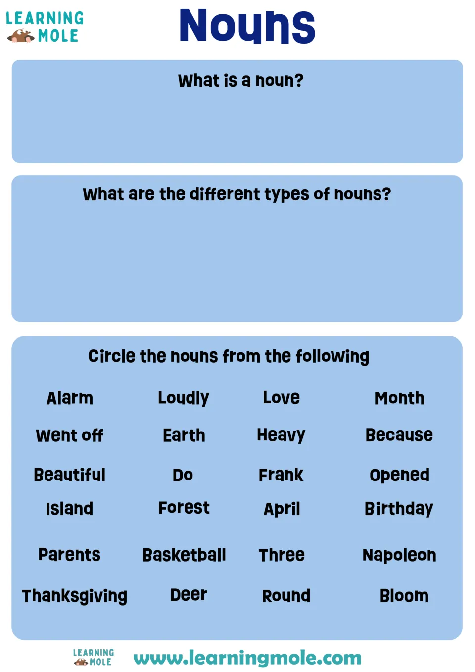 Nouns: students define a noun, list noun types, then circle the nouns among 24 words such as Earth, Frank and Loudly