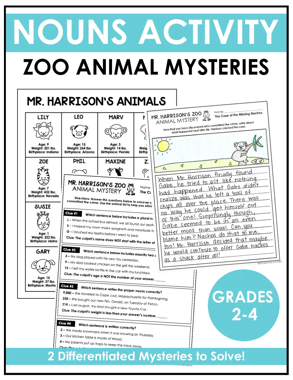 Cover: Nouns Activity, Zoo Animal Mysteries, grades 2-4, showing the animal suspect list and clue pages of 2 mysteries